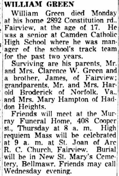 William Green obituary, 2892 Constitution Road