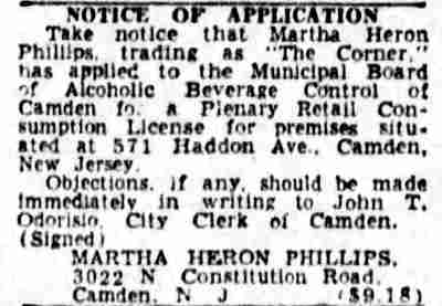 Notice of Application for The Corner liquor license — Martha Heron Phillips, 3022 North Constitution Road