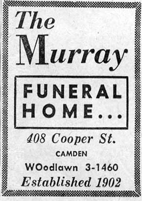 Advertisement for The Murray Funeral Home, 408 Cooper Street, Camden Courier-Post, June 10, 1960