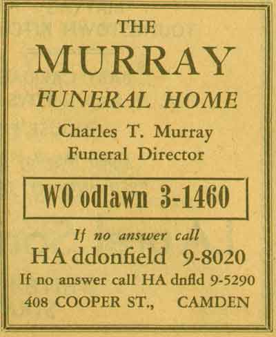 Advertisement for The Murray Funeral Home, 408 Cooper Street, 1955 New Jersey Bell Telephone Yellow Pages