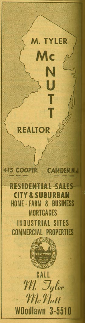 M. Tyler McNutt Realtor, 413 Cooper Street Camden, 1955 New Jersey Bell Telephone Yellow Pages