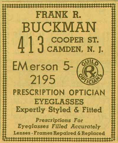 Frank R. Buckman Prescription Optician, 413 Cooper Street Camden, 1955 New Jersey Bell Telephone Yellow Pages