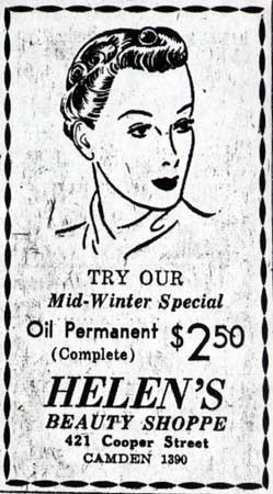 Helen's Beauty Shoppe, 421 Cooper Street Camden, Camden Courier-Post advertisement, January 8, 1938