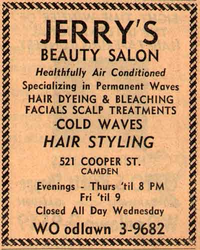 521 Cooper Street, Jerry's Beauty Salon, 1955 New Jersey Bell Telephone Yellow Pages