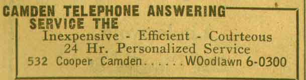 532 Cooper Street, Camden Telephone Answering Service, 1955 New Jersey Bell Telephone Yellow Pages
