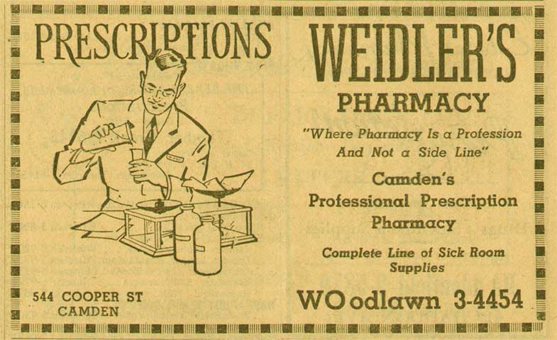 544 Cooper Street, Weidler's Pharmacy, 1955 New Jersey Bell Telephone Yellow Pages