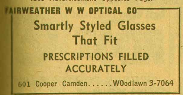 601 Cooper Street — W.W. Fairweather Optical Company, 1955 NJ Bell Yellow Pages Ad