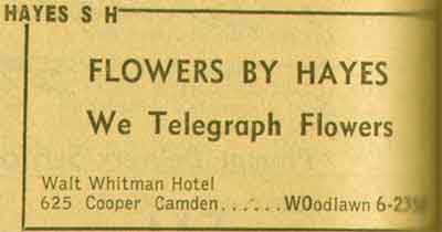 625 Cooper Street — Flowers By Hayes, 1955 NJ Bell Yellow Pages Ad