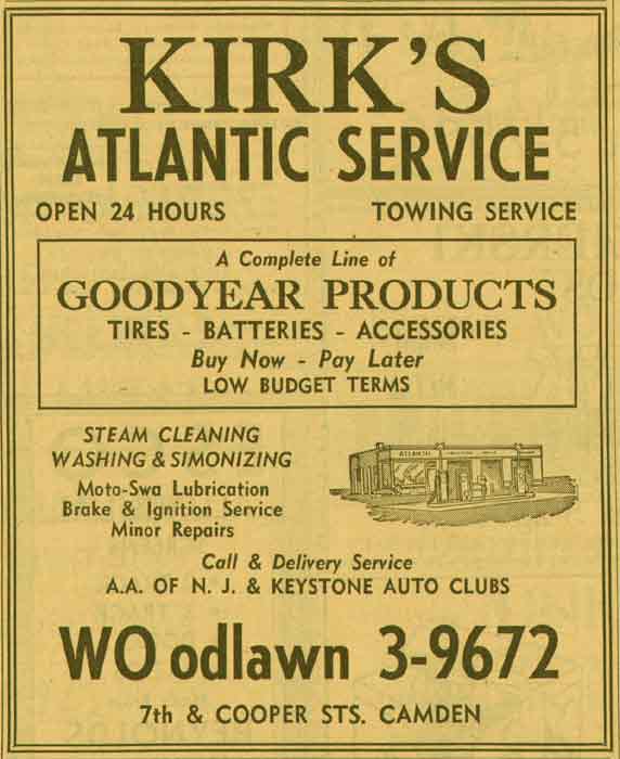 634-640 Cooper Street — Kirk's Atlantic Service, 1955 NJ Bell Yellow Pages Ad