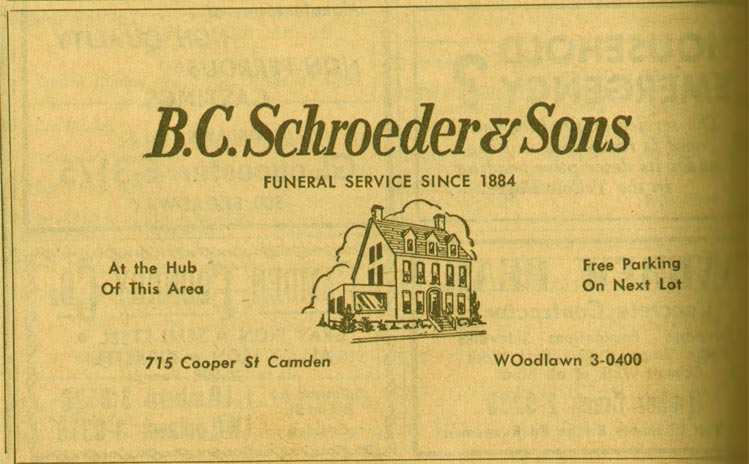 715 Cooper Street — Schroeder Funeral Home, 1955 NJ Bell Yellow Pages Ad