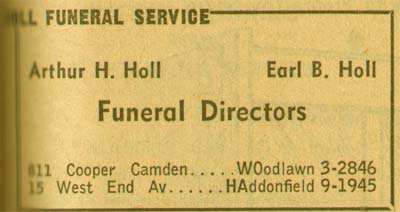 811 Cooper Street — Holl Funeral Service, 1955 NJ Bell Yellow Pages Ad