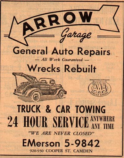 920 Cooper Street — Arrow Garage, 1955 NJ Bell Yellow Pages Ad