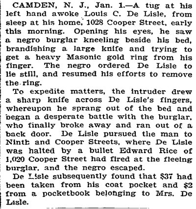 1028 Cooper Street — Louis DeLisle & Family, New York Times January 2, 1904 continued