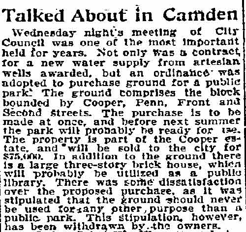 Talked About in Camden — City Council purchases Cooper Mansion grounds for park — Philadelphia Inquirer, December 1, 1898