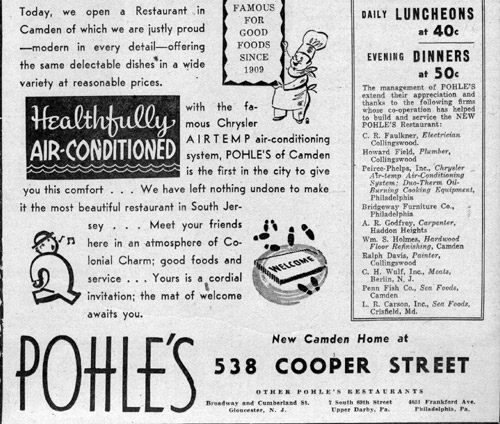 Pohle's Restaurant, 538 Cooper Street, June 22, 1938, Camden Courier-Post newspaper ad