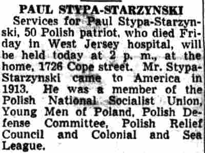 Camden Courier-Post, August 10, 1943 — Paul Stypa-Starzynski obituary