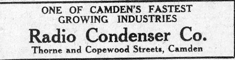 Advertisement for Radio Condenser Co. at Thorne and Copewood Streets, Camden, March 1930