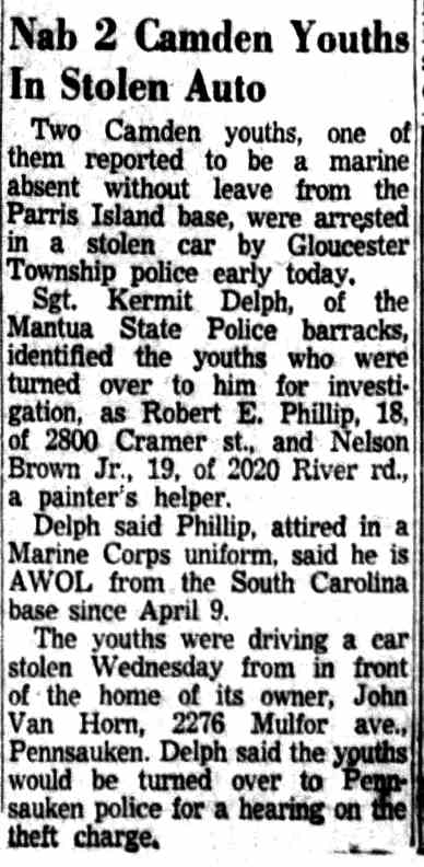 Nab 2 Camden Youths In Stolen Auto — Camden Courier-Post, May 29, 1954