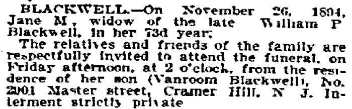 Blackwell obituary — Philadelphia Inquirer, November 28, 1894