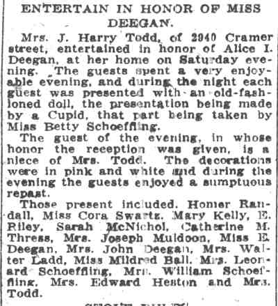 Entertain in Honor of Miss Deegan — Camden Post-Telegram, May 1, 1923