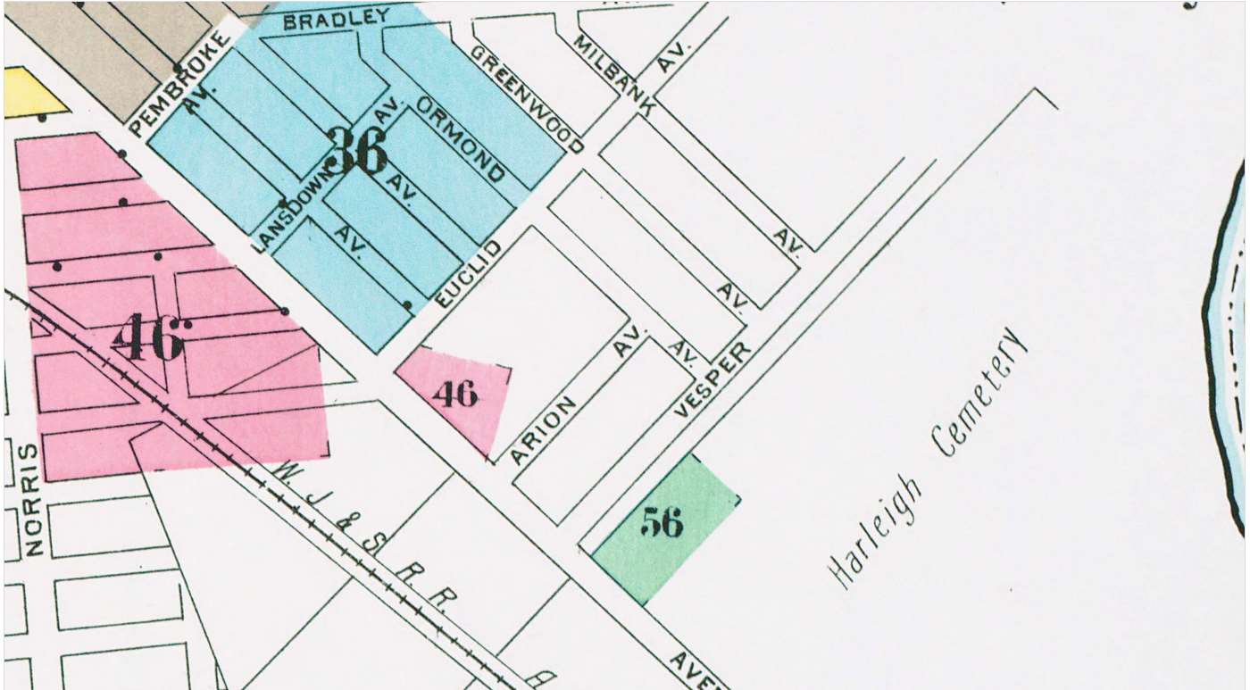 1906 Sanborn map showing Crefeld Street, then known as Arion Avenue