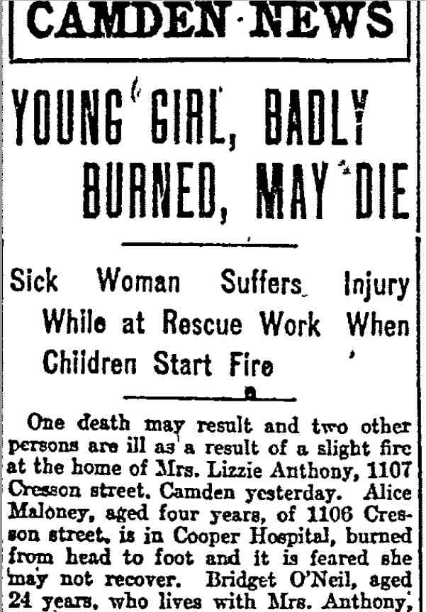 Philadelphia Inquirer, January 11, 1914 — Young Girl, Badly Burned, May Die, page 1