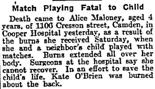 Philadelphia Inquirer, January 12, 1914 — Match Playing Fatal to Child