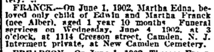 Philadelphia Inquirer, June 4, 1902 — Martha Edna Franck death notice