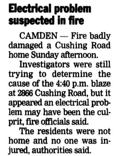 Electrical problem suspected in fire — 2866 Cushing Road, November 25, 2002