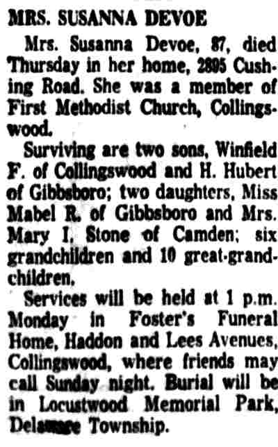 Mrs. Susanna Devoe obituary, Camden Courier-Post, November 18, 1960