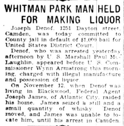 Whitman Park Man Held for Making Liquor — Joseph Denof, 1251 Dayton Street