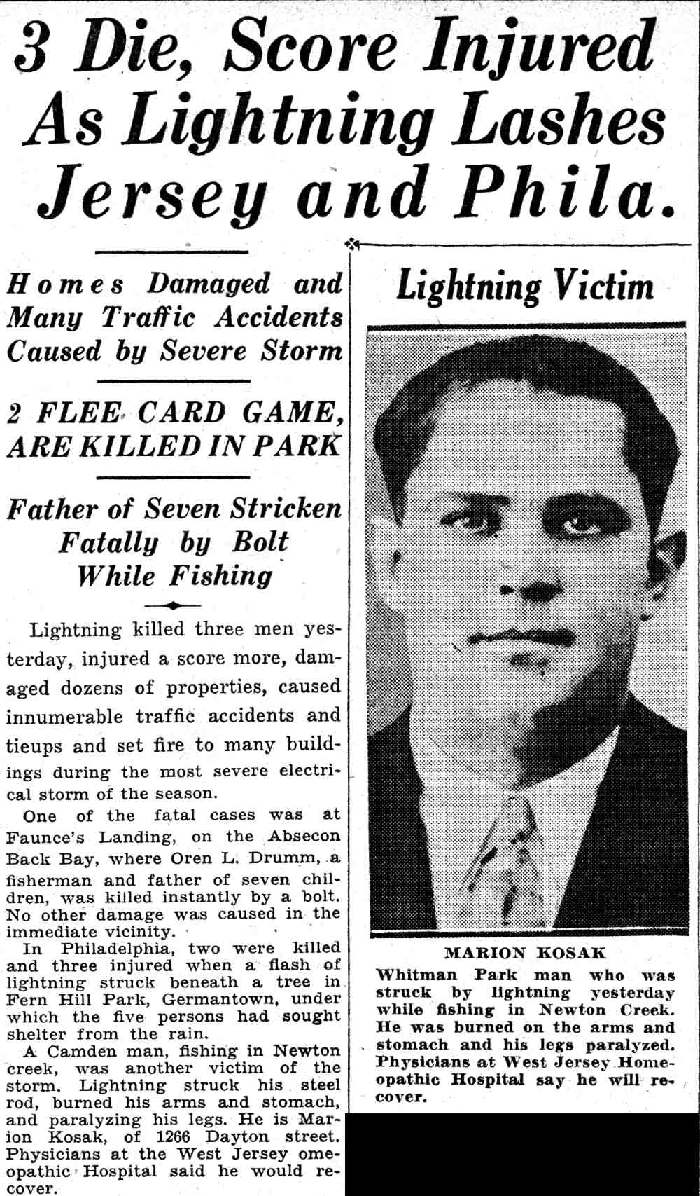 Marion Kosak, 1266 Dayton Street, struck by lightning — Camden Courier-Post June 18, 1932
