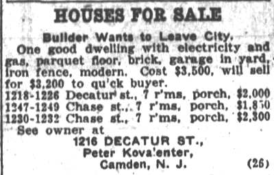 Houses For Sale — 1216 Decatur Street, Peter Kovalenter — Camden Post-Telegram, May 26, 1917