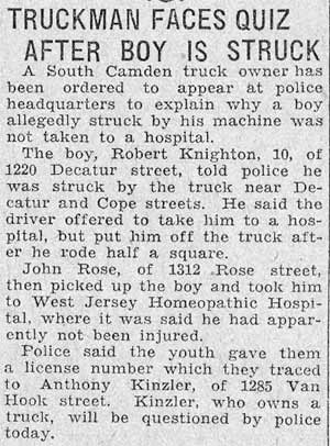 Truckman Faces Quiz After Boy Is Struck — 1220 Decatur Street — Camden Courier-Post, August 8, 1933