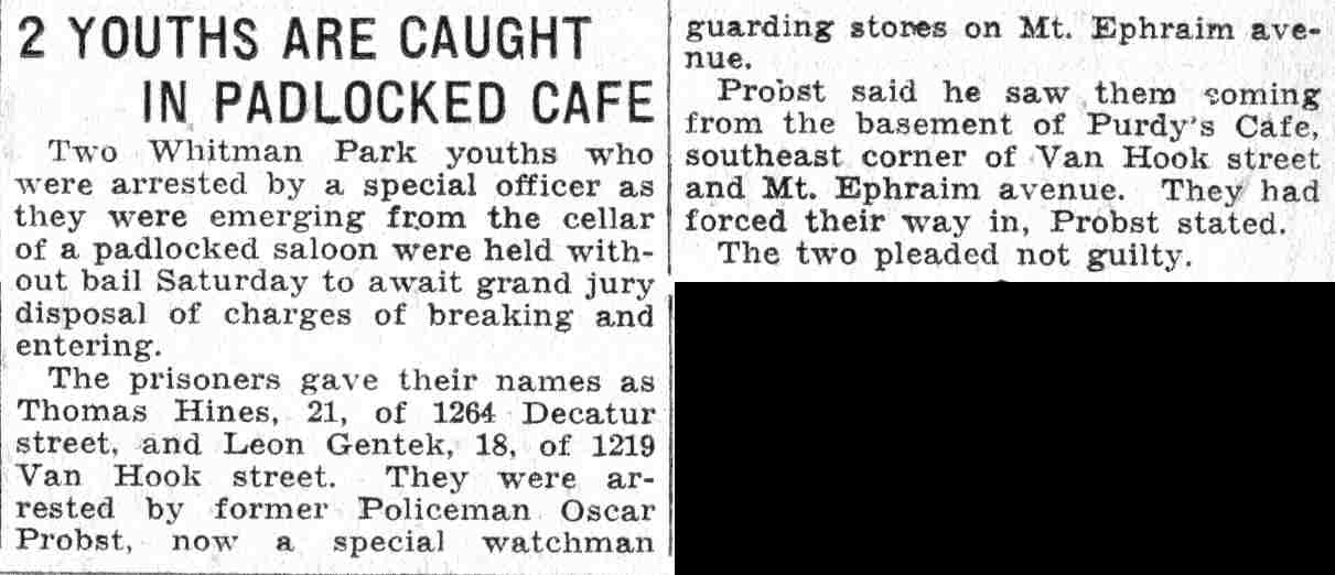 2 Youths Are Caught In Padlocked Cafe — 1264 Decatur Street — Camden Courier-Post, June 13, 1932