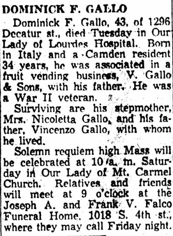 Dominick F. Gallo, 1296 Decatur Street — Camden Courier-Post, December 12, 1957