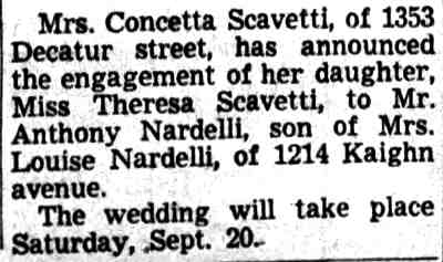 Engagement Announcement — Theresa Scavetti and Anthony Nardelli — Camden Courier-Post, July 23, 1947