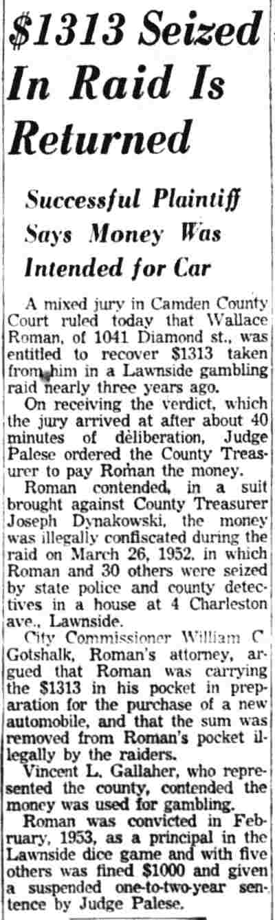$1313 Seized In Raid Is Returned — Wallace Roman, 1041 Diamond Street — Camden Courier-Post, January 4, 1955