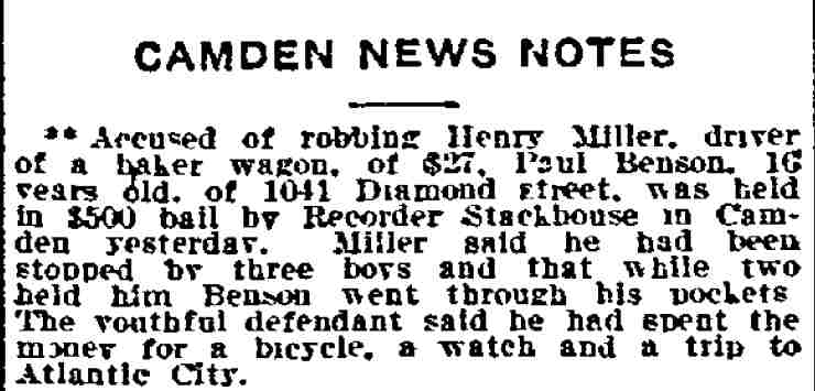 Camden News Notes — Paul Benson, 1041 Diamond Street — Philadelphia Inquirer, July 23, 1909
