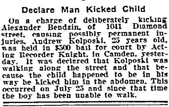 Declare Man Kicked Child — Alexander Bendzin, 1041 Diamond Street — Philadelphia Inquirer, August 1, 1909
