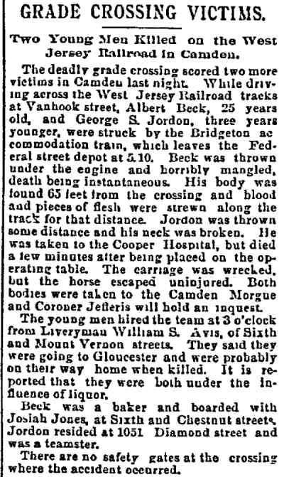 Grade Crossing Victims — George S. Jordon, 1051 Diamond Street — Philadelphia Inquirer, October 24, 1891
