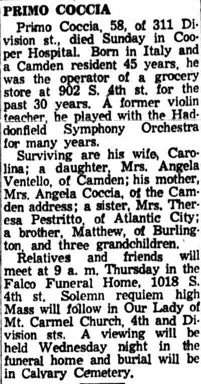 311 Division Street — Primo Coccia, Camden Courier-Post, June 9, 1959