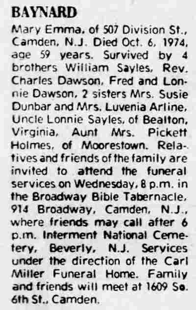 507 Division Street — Mary Emma Baynard, Camden Courier-Post, October 7, 1974