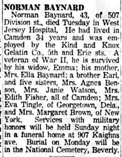 507 Division Street — Norman Baynard obituary, Camden Courier-Post, December 11, 1954