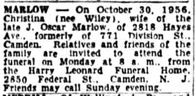 771 Division Street — John Oscar Marlow obituary, Camden Courier-Post, November 3, 1956