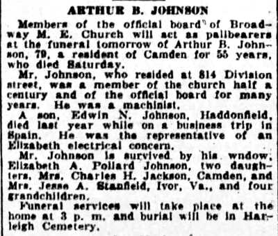 814 Division Street — Arthur B. Johnson & Family, Camden Courier-Post, July 15, 1930
