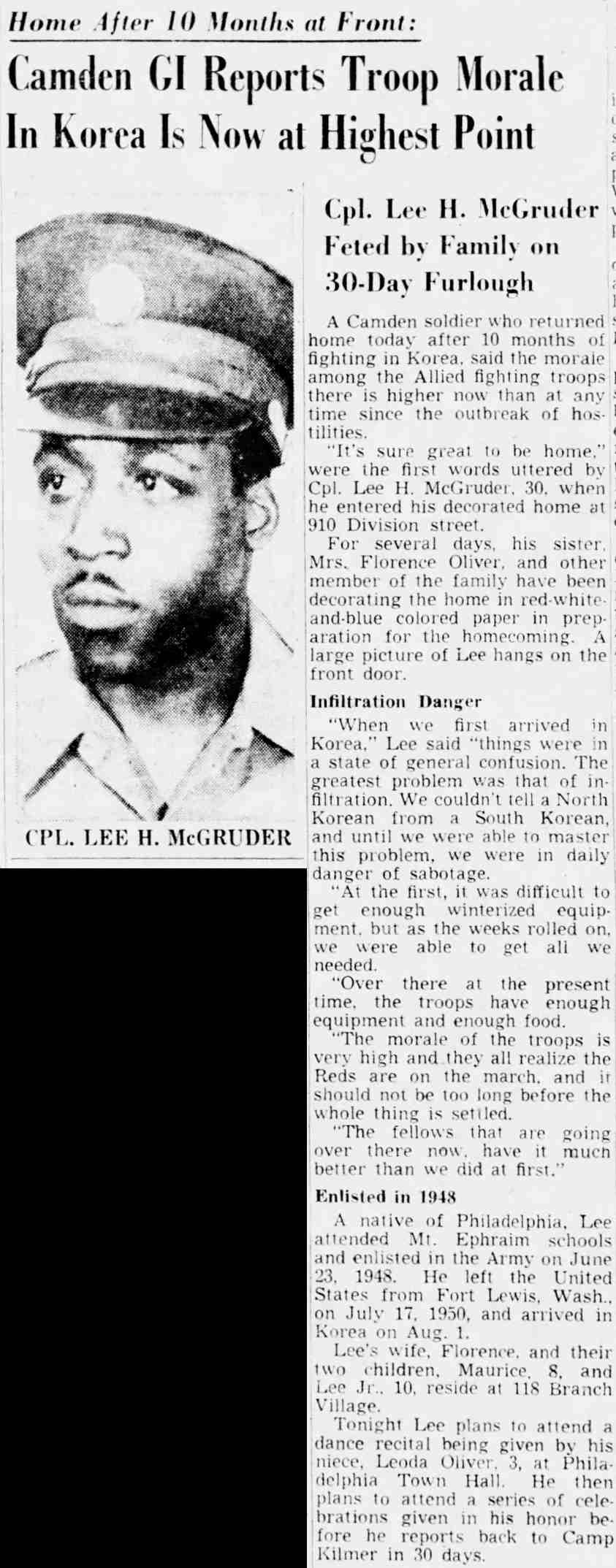 910 Division Street — Cpl. Lee H. McGruder & Family, Camden Courier-Post, May 31, 1951