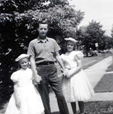 Cynthia, Joseph, and Linda Schreiner on an Easter morning, early 1960s, 164 South Dudley Street