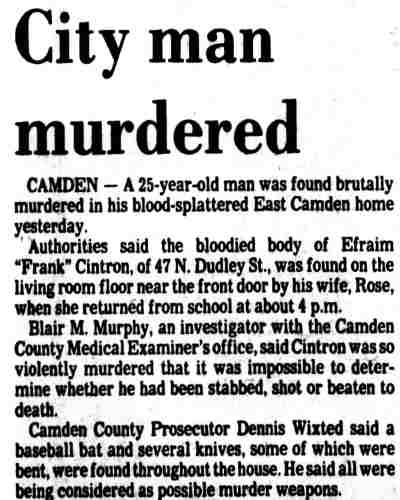 City man murdered — Efraim 'Frank' Cintron, Camden Courier-Post, May 2, 1982