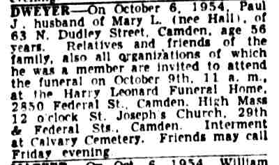 Paul J. Dwyer obituary — Camden Courier-Post, October 1954